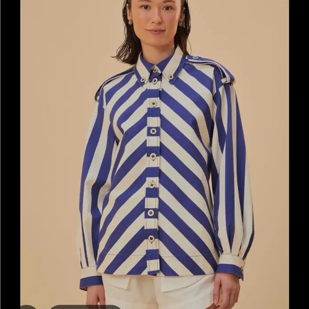 FARM Rio Blue and White Diagonal Stripe Button-Down Shirt
